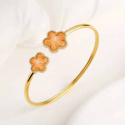 DL Stainless Steel Gold-Plated Five Leaf Flower Open Bangle Bracelet (Canadian Edition)