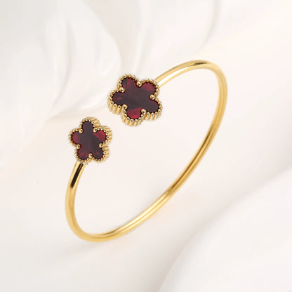 DL Stainless Steel Gold-Plated Five Leaf Flower Open Bangle Bracelet (Canadian Edition)