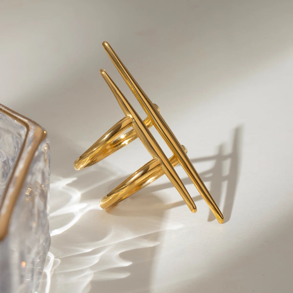 DL Gold Plated Stainless Steel Parallel Double Line Hollowed Ring (Korean Edition)