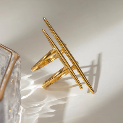 DL Gold Plated Stainless Steel Parallel Double Line Hollowed Ring (Korean Edition)