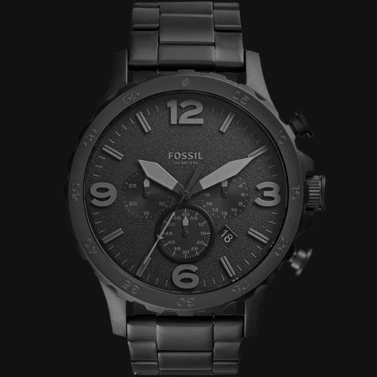 Black Fossil watch with a detailed face on a white background
