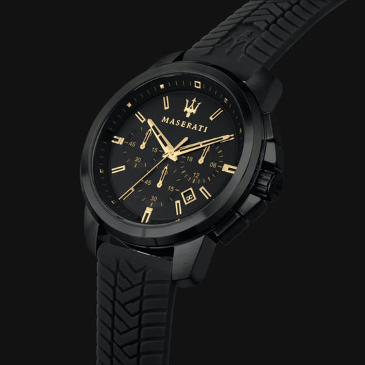 Black Maserati watch with gold accents on a white background